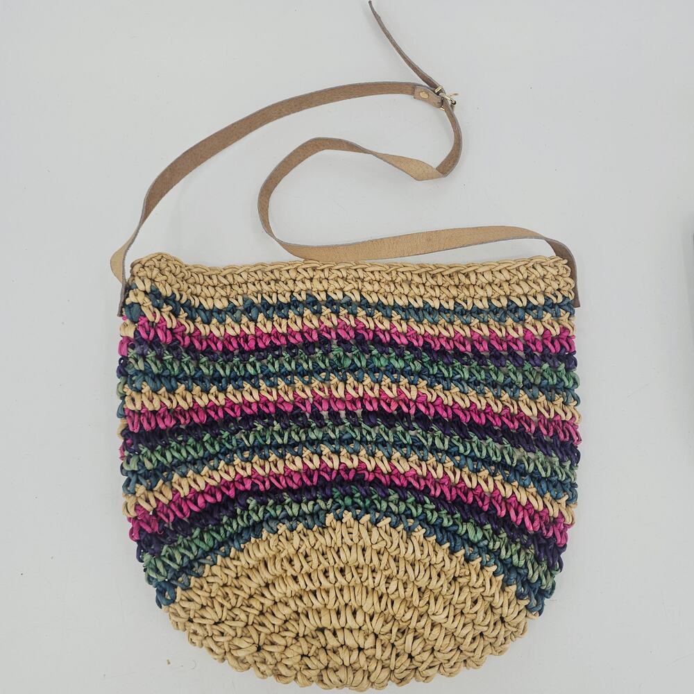 Vintage Crochet Cornhusk Leather Boho Beach Tote Bag Purse Striped Bohemian - Picture 2 of 8